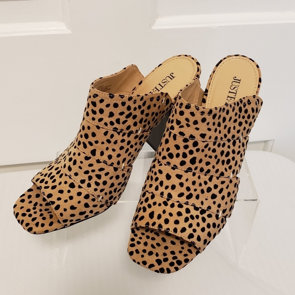 Just fab Giselle Cheetah Print Open Toe Block Heeled Sandals Size 9, Stylish
